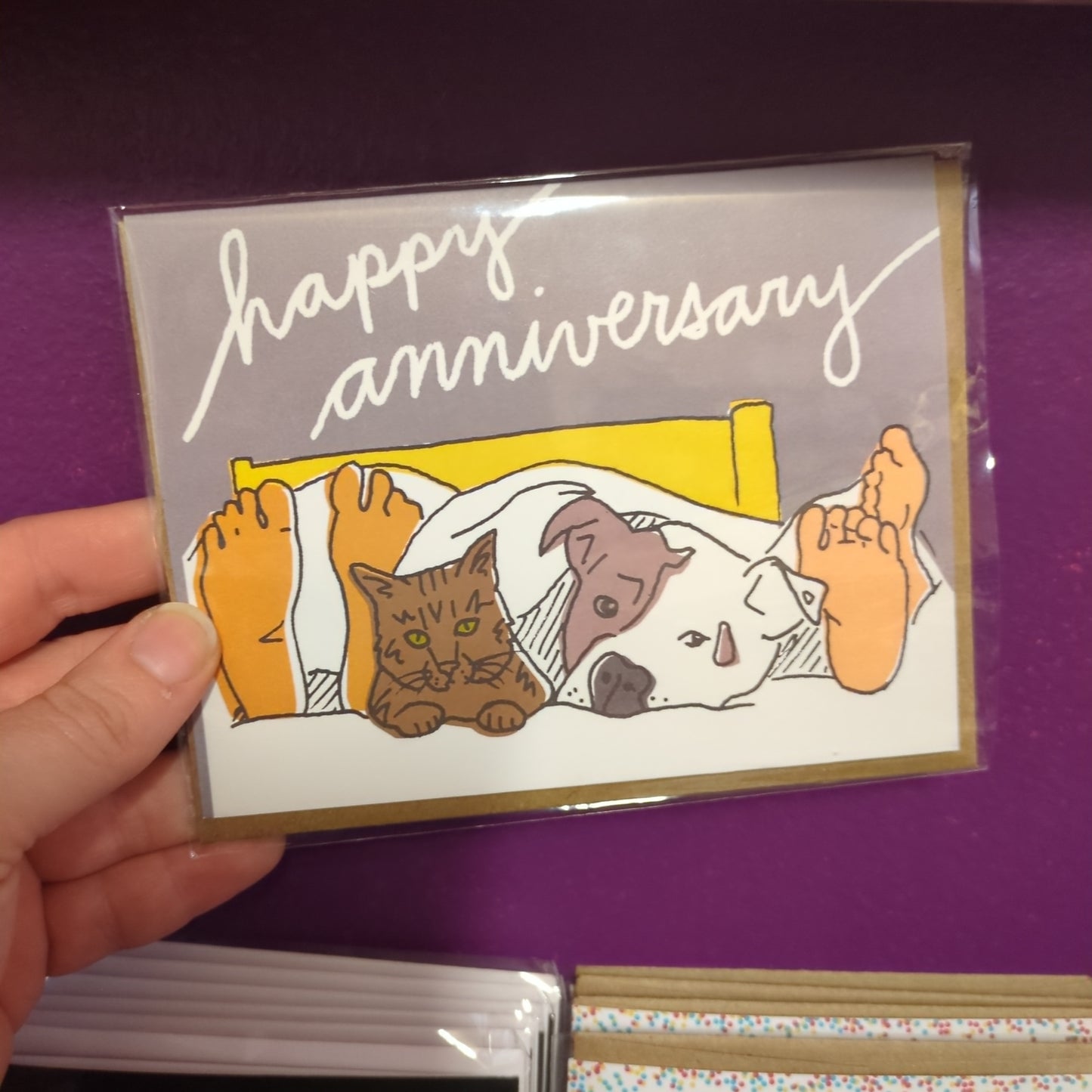 Pets in Bed Anniversary Card