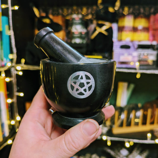 Black Marble Mortar and Pestle with Pentagram