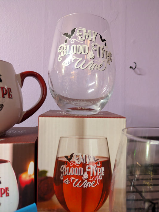 My Blood Type is Wine Stemless Gothic Vampire Wine Glass